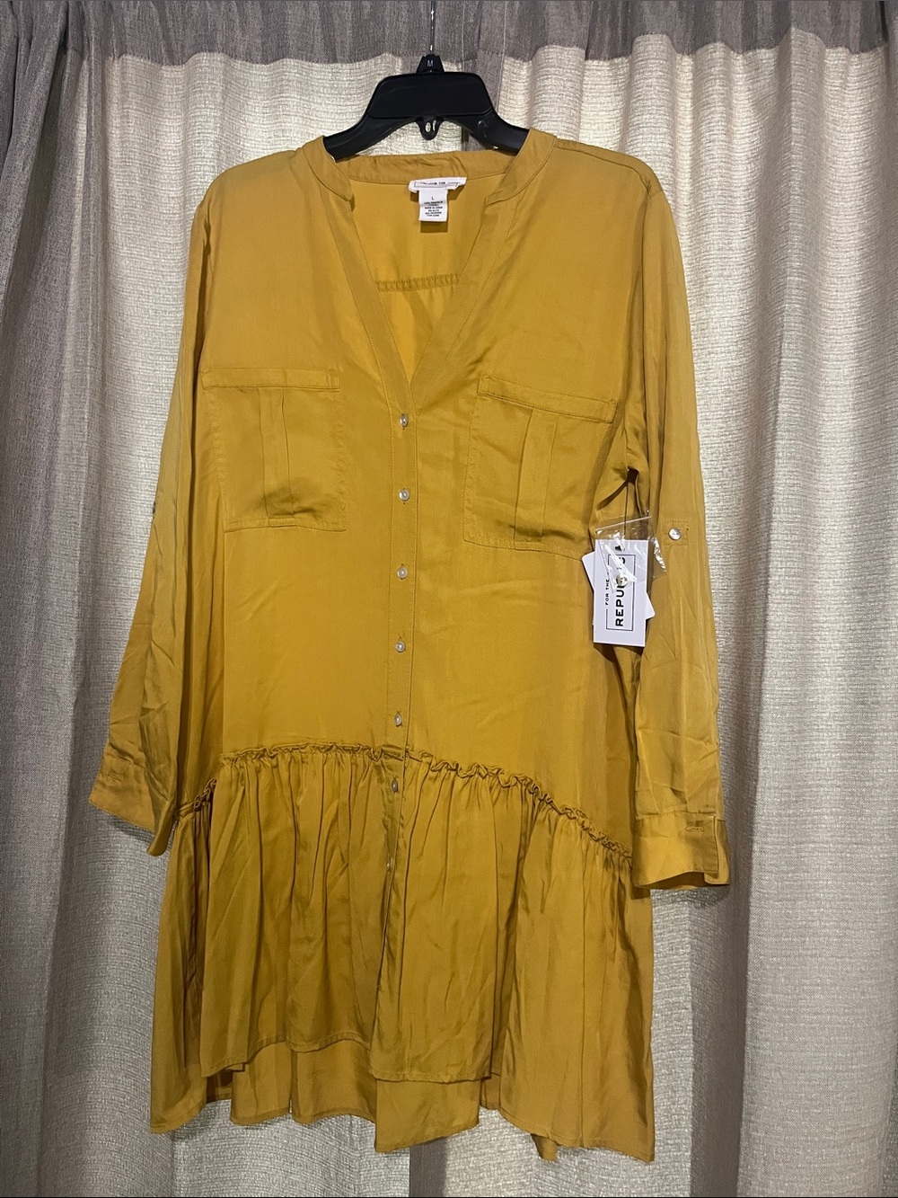 For The Republic Mustard Button-Front Ruffle-Hem Long Sleeve Dress